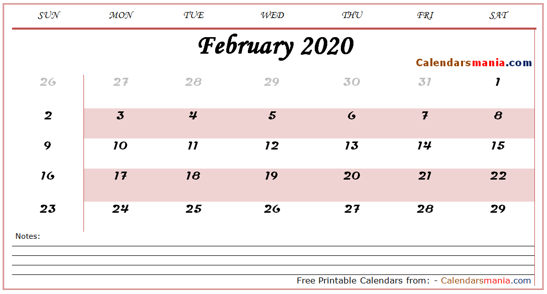2020 February Calendar