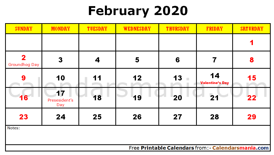 February 2020 Calendar Holidays