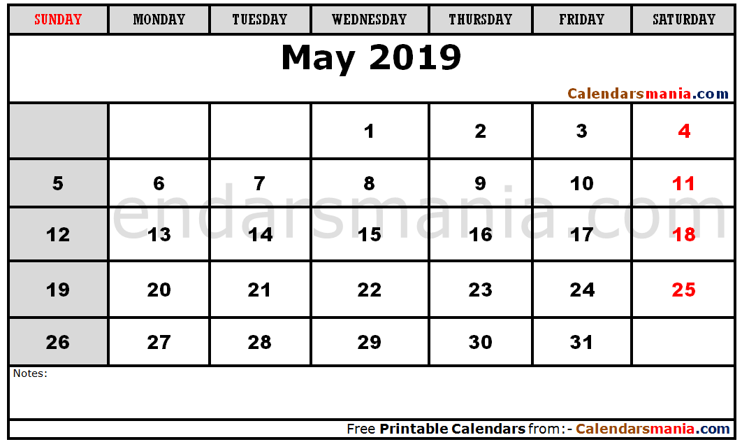 Blank Calendar May 2019
