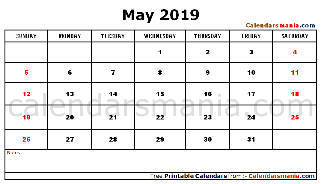 May 2019 Calendar Editable