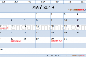 May 2019 Calendar Holidays