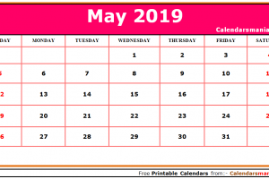 May 2019 Calendar Pink