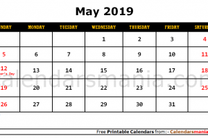 May 2019 Holidays Calendar Template