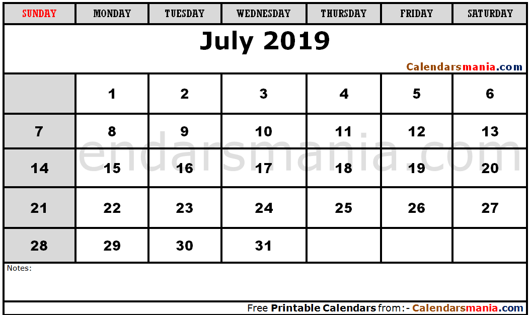 July 2019 Calendar Blank