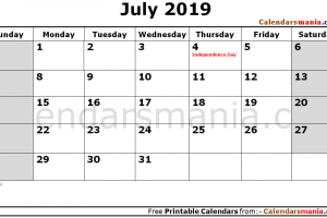 July 2019 Calendar Holidays