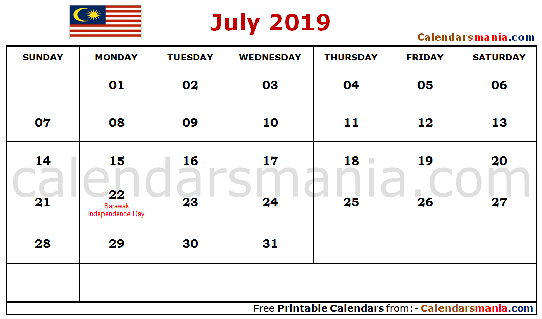 July 2019 Calendar Malaysia