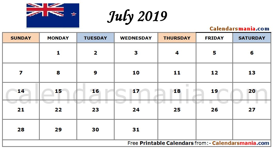 July 2019 Calendar NZ