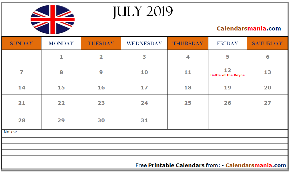 July 2019 Calendar UK