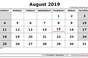 August 2019 Calendar Holidays