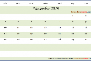 Monthly Calendar Template November 2019