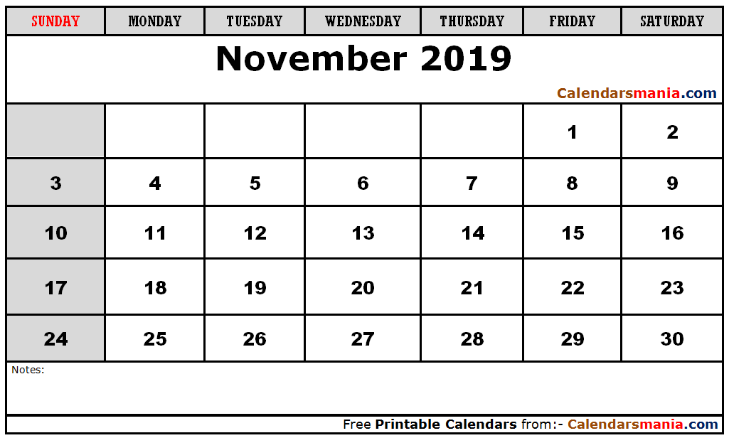November 2019 Calendar Editable