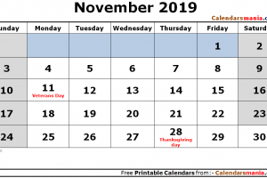 November 2019 Calendar Holidays