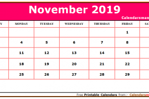 November 2019 Calendar Pink