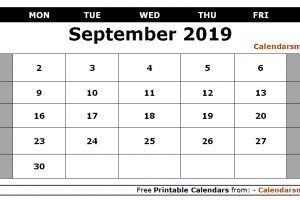 September 2019 Calendar Landscape