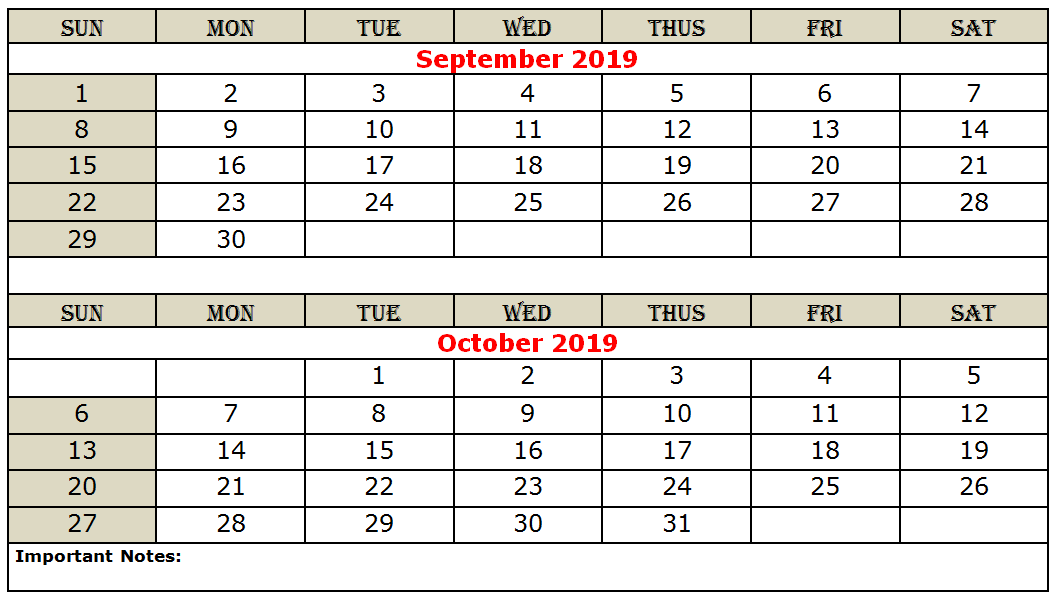 September October 2019 Printable Calendar