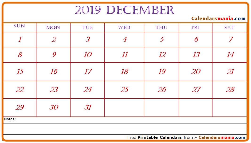 Calendar for December 2019