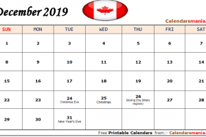 December 2019 Calendar Canada