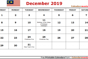 December 2019 Calendar Malaysia
