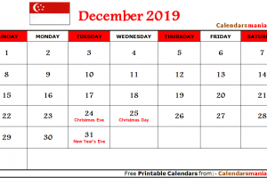 December 2019 Calendar Singapore