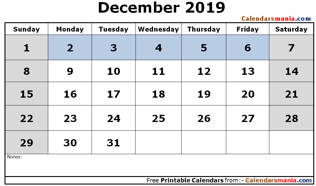 December 2019 Calendar Template
