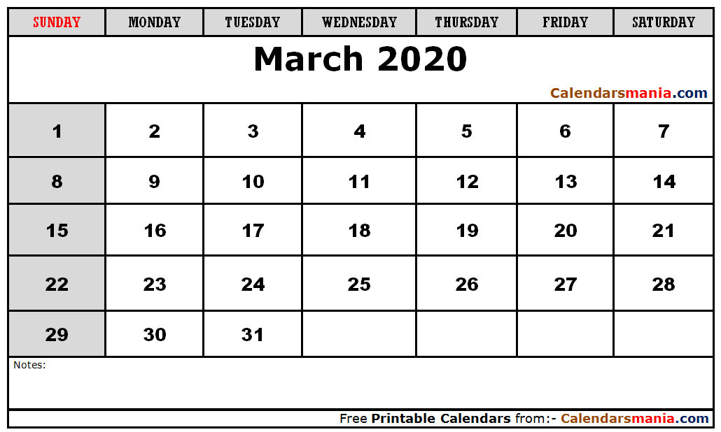 Blank Calendar Template March 2020
