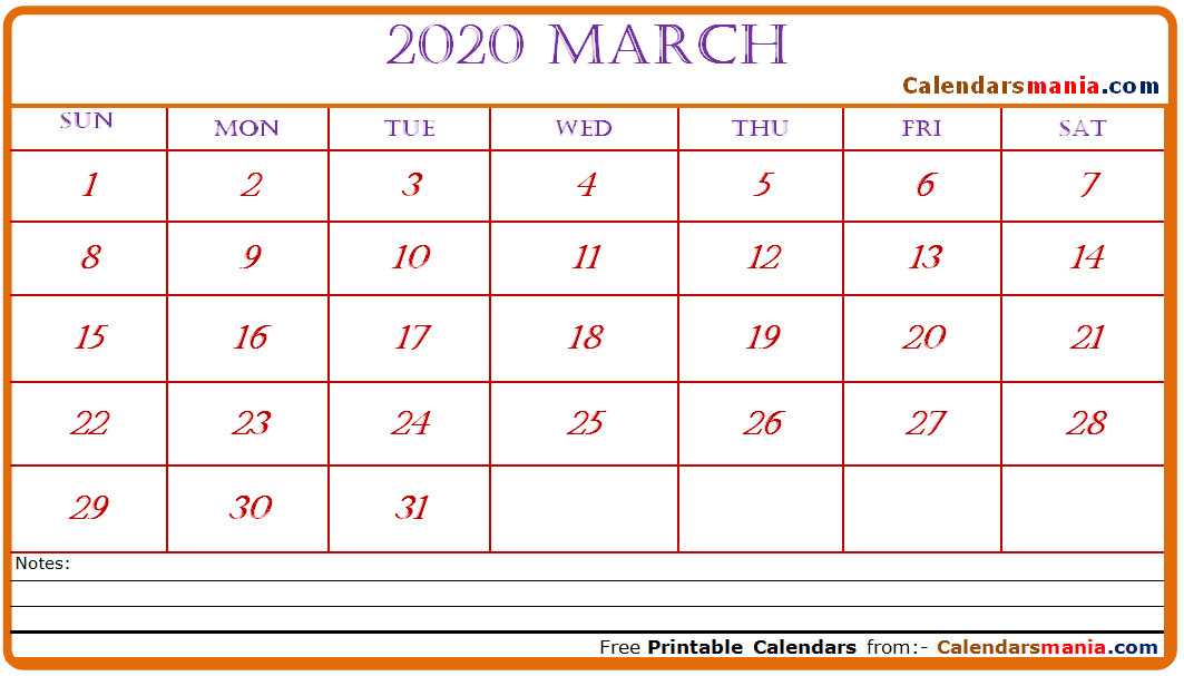 Calendar for March 2020