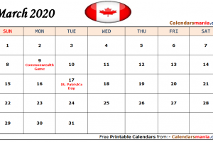 March 2020 Calendar Canada