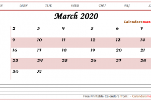 March 2020 Calendar Landscape