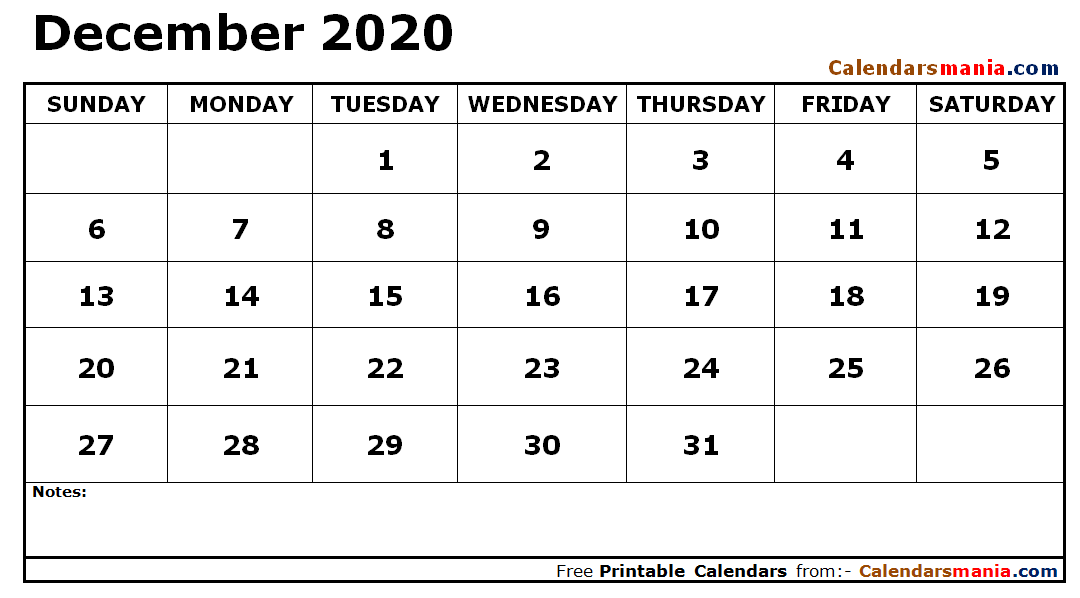 December 2020 Calendar Blank