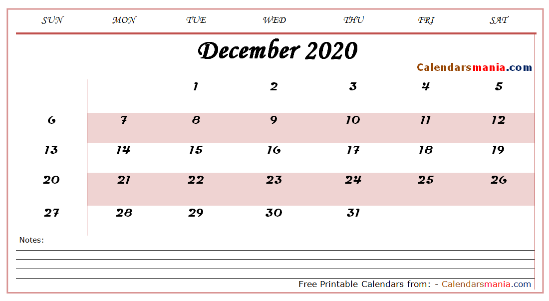 December 2020 Calendar Document