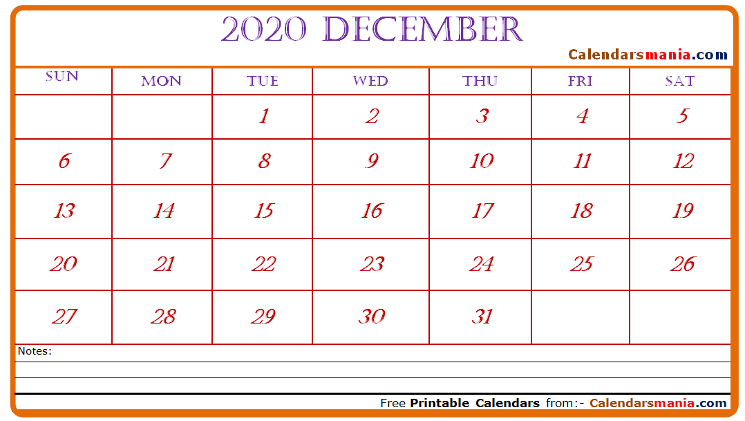 December 2020 Calendar Excel