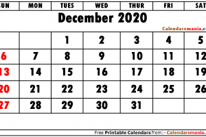 Monthly December 2020 Calendar