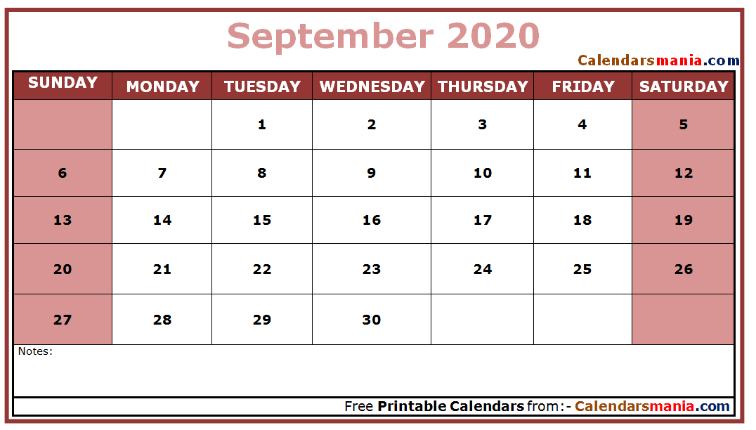 September 2020 Calendar Tumblr