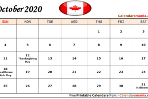 October 2020 Calendar Canada
