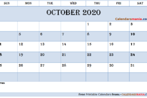 October 2020 Calendar Document