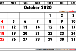 October 2020 Calendar Landscape