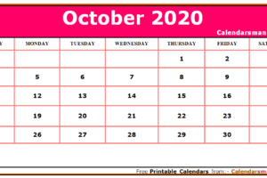October 2020 Calendar Pink