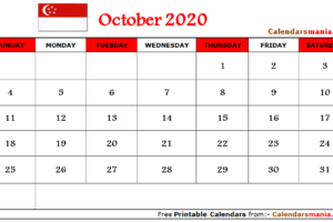 October 2020 Calendar Singapore