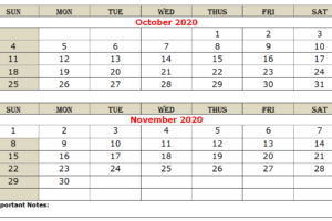 October November 2020 Calendar Printable
