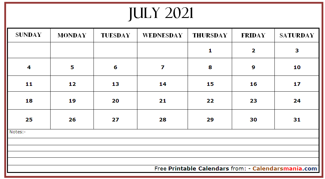 July 2021 Calendar Document
