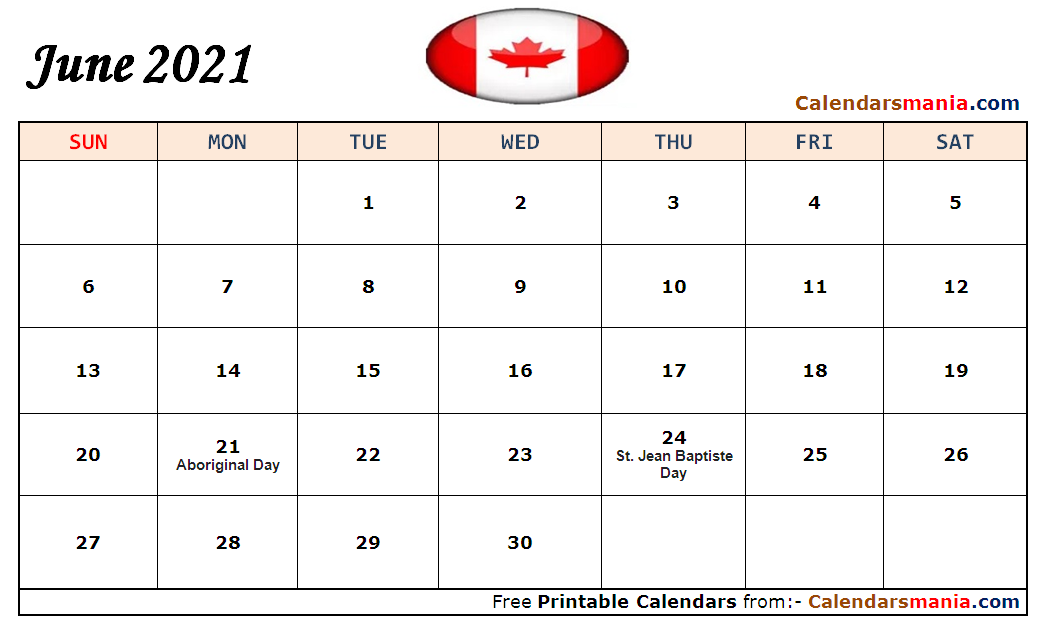 June 2021 Calendar Canada