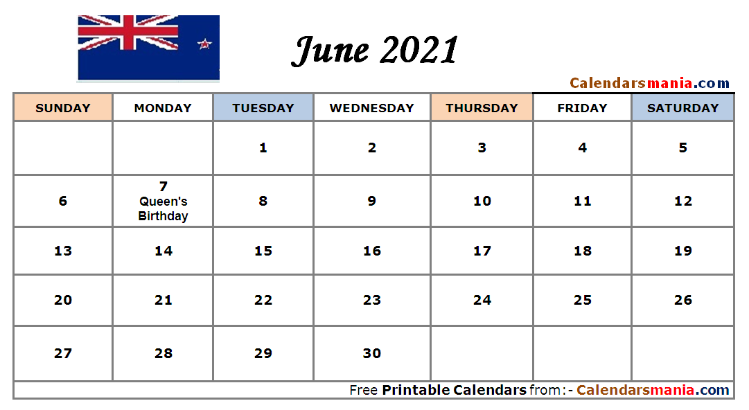 June 2021 Calendar New Zealand