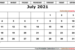 Print July 2021 Calendar Blank Landscape and Vertical