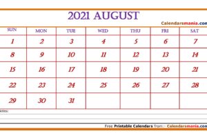 Free Download August 2021 Calendar