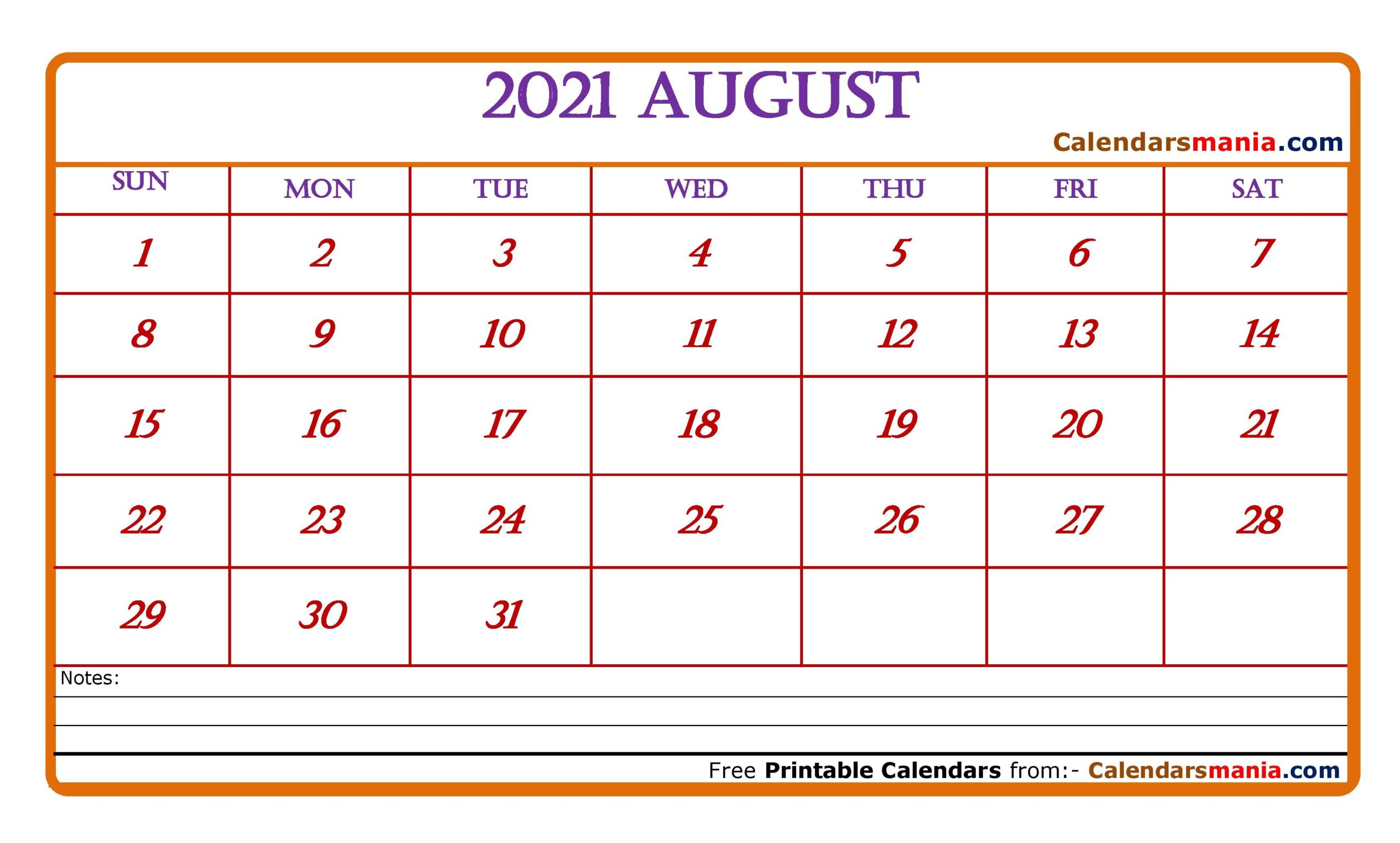 Calendar For August 2021