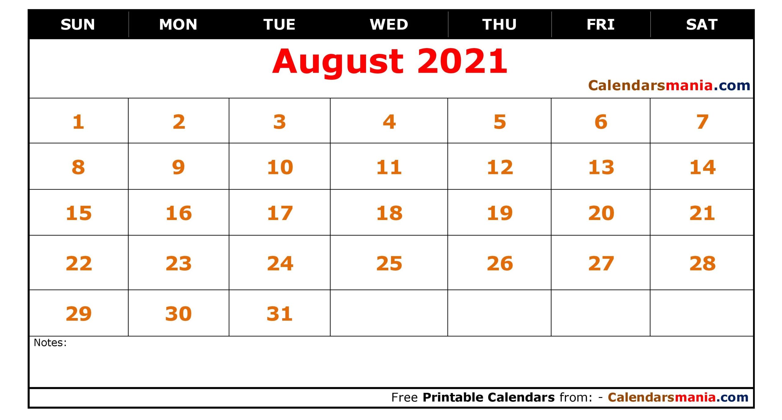 Monthly August 2021 Calendar
